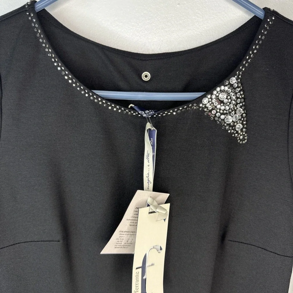 Ferrante Italian Dress Sz XS Rhinestone Detail Black Viscose Made In Italy NWT - Picture 3 of 15